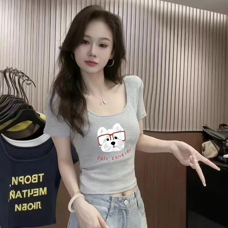 新款修身显瘦短款卡腰独特漂亮上衣小衫灰色u领短袖t恤女2025夏季