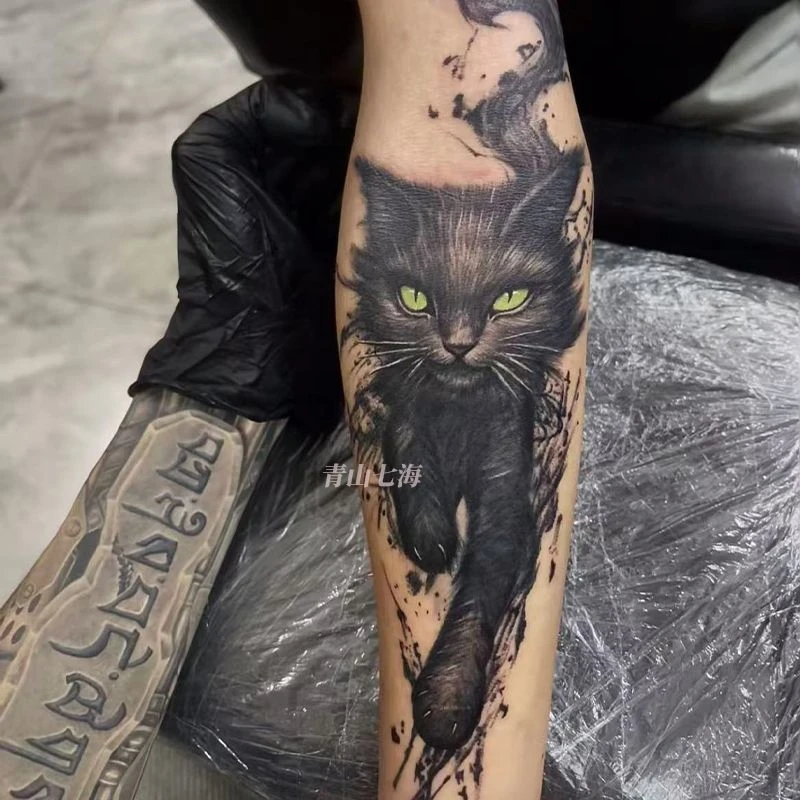 暗黑猫咪彩色纹身贴防水防汗半永久ins帅气花臂男女仿真刺青可洗