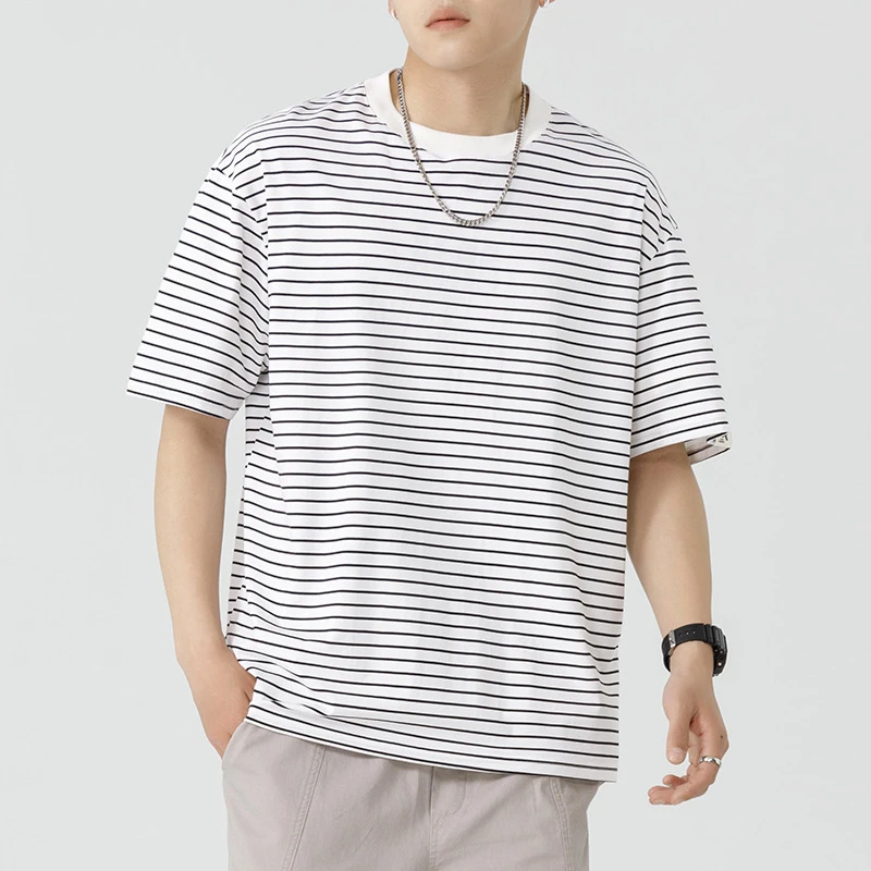 夏季新款宽松条纹短袖T恤男装情侣装休闲海魂衫体恤上衣青春流行
