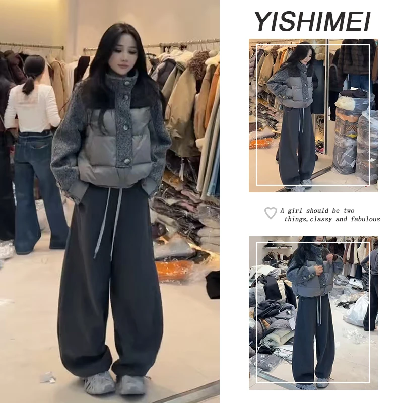 今年流行冬季穿搭2025新款百搭拼接短款棉服外套高腰休闲裤两件套