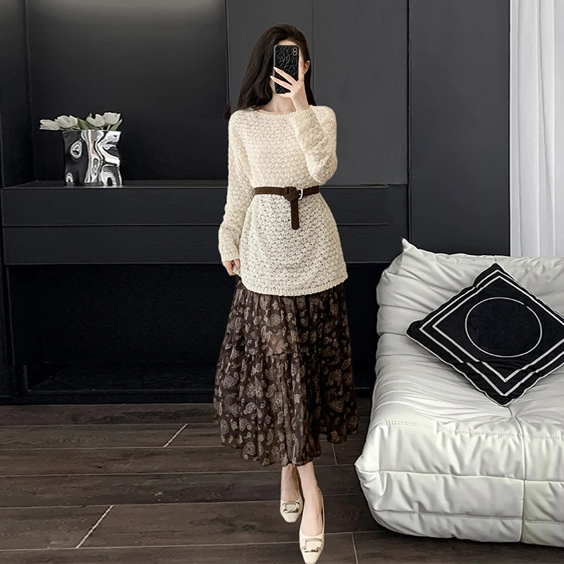 气质名媛小香风针织套装秋季新款小众高级感慵懒风镂空毛衣两件套
