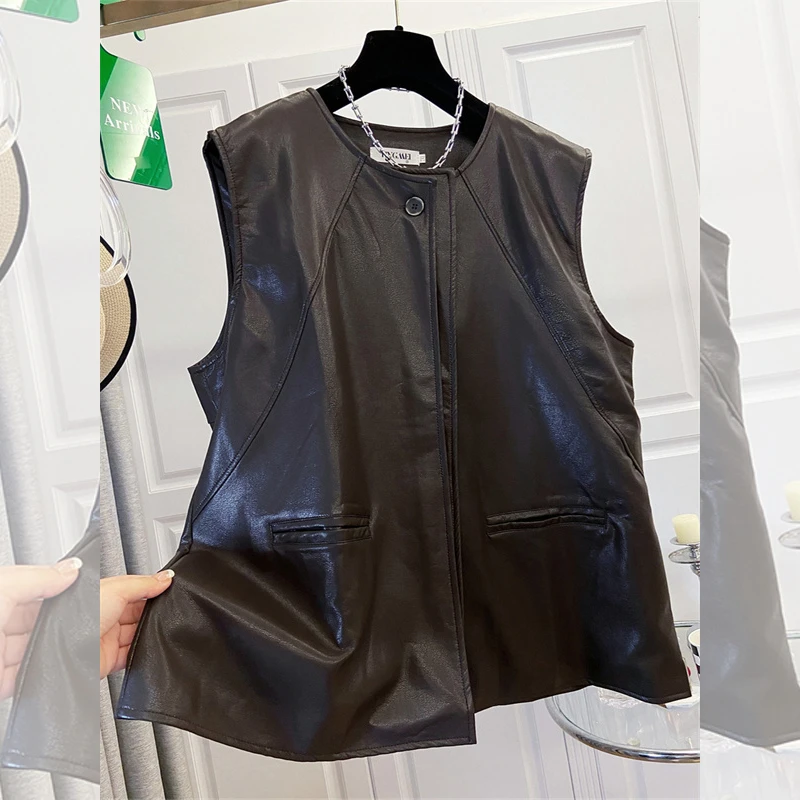 2025新款高级感独特别致设计感圆领无袖皮马甲女秋季叠穿背心外套