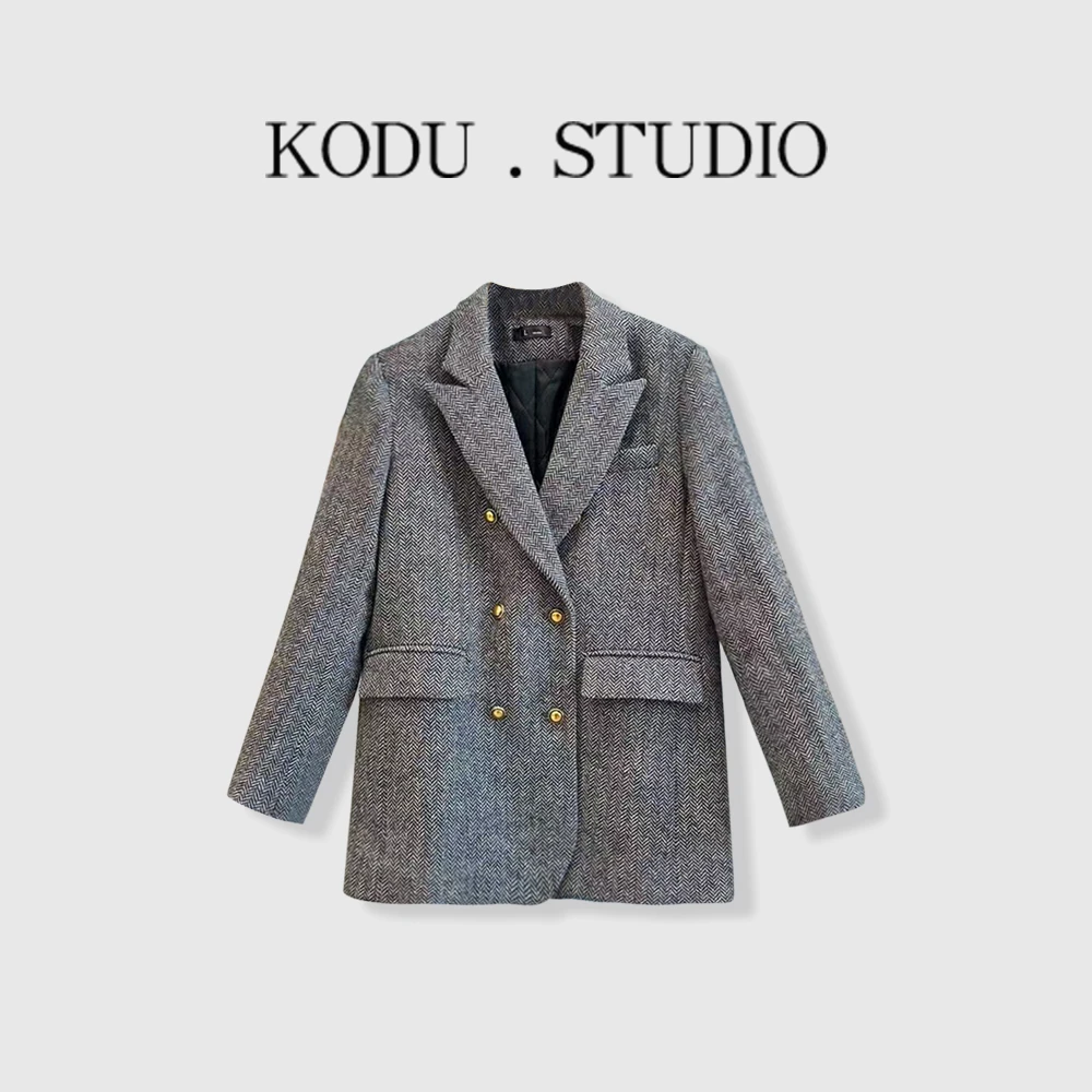 【刻度KODU】BH-6062秋冬新品百搭高级感戗驳领毛呢夹棉西服外套