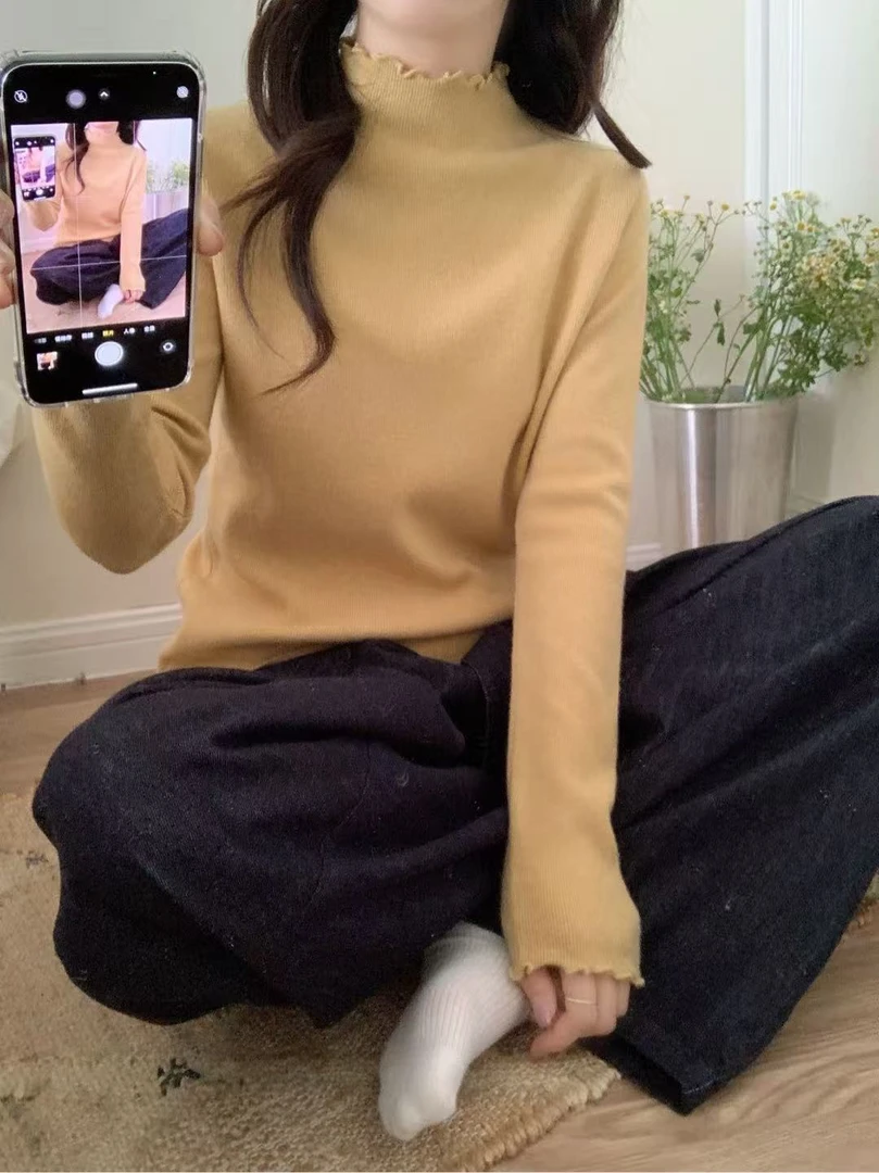 2025冬季常规款木耳领常规针织女毛针织衫羊毛浅灰毛衣网红保暖
