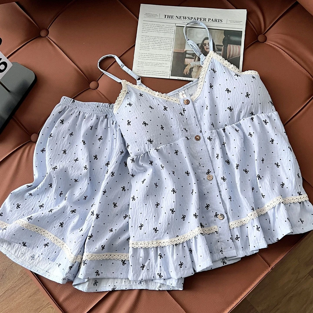 带胸垫云感棉睡衣女款2025新款夏季韩系碎花吊带短裤两件套家居服