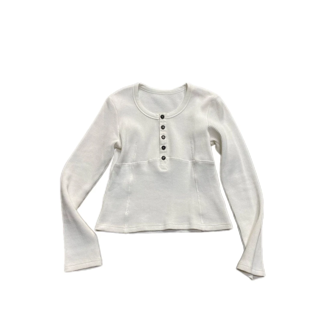 51331-简约设计感华夫格单排扣圆领白色上衣