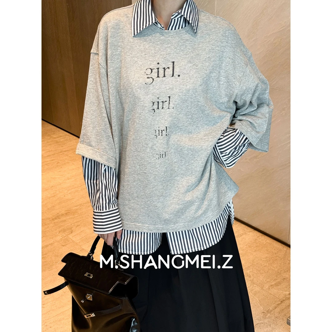 M.SHANGMEI.Z/沐熙【女孩女孩】美大哥字母印花宽松长袖T恤X032276