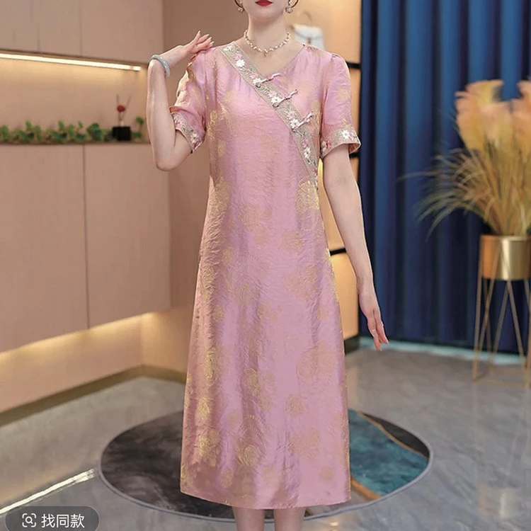 新中式改良斜襟夏季女装宽松百搭V领中长连衣裙