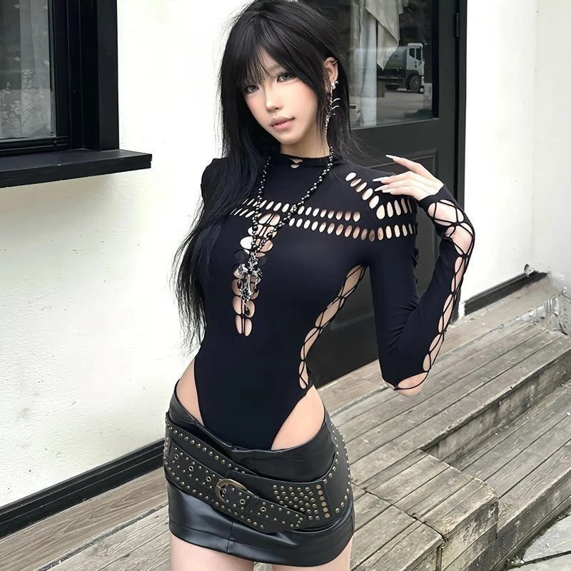 美式辣妹音乐节穿搭纯欲镂空设计感连体衣新中式废土风帅气两件套