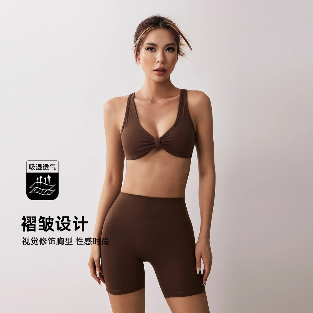 fitlife健身套装女深V缩褶运动防震速干透气裸感提臀短裤瑜伽服