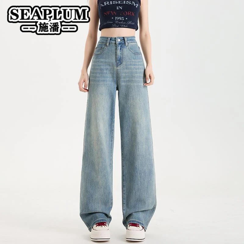 SEAPLUM窄版阔腿牛仔裤女2025年新款春秋季直筒宽松百搭显瘦高腰