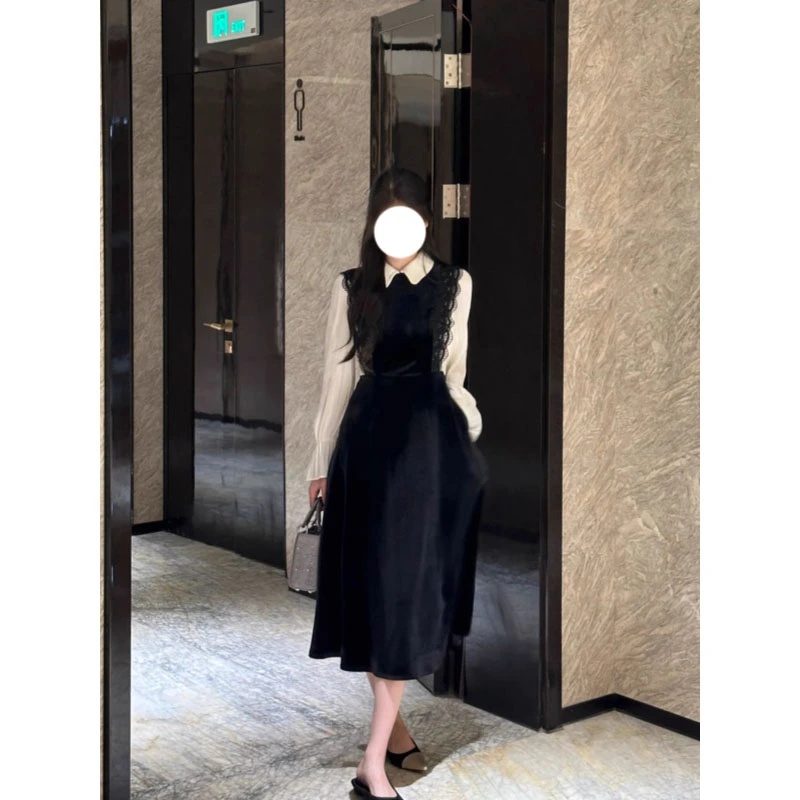 时尚气质高级感长袖连衣裙女2025秋季新款假两件设计赫本风长裙潮