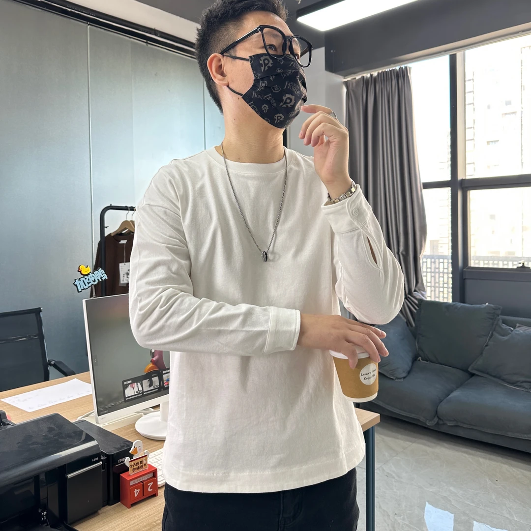 男士ins春秋新款极简长袖t恤纯色纯棉小众设计休闲百搭打底衫卫衣