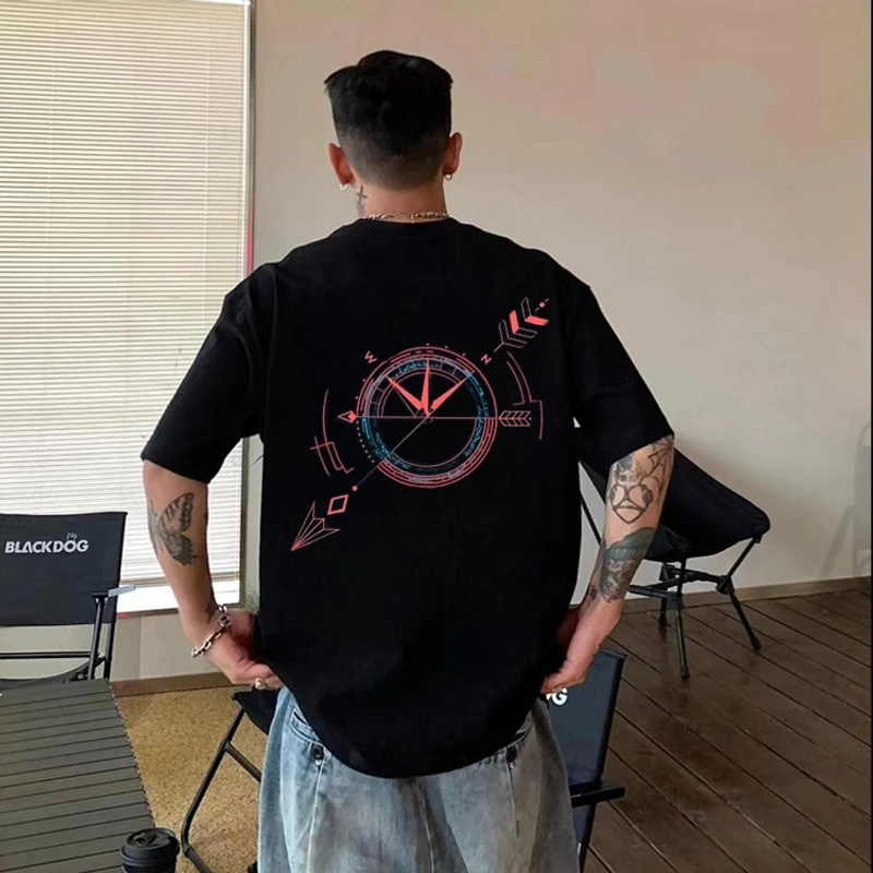 夏季黑色纯棉短袖T恤男装上衣美式潮流时尚宽松百搭印花圆领半袖