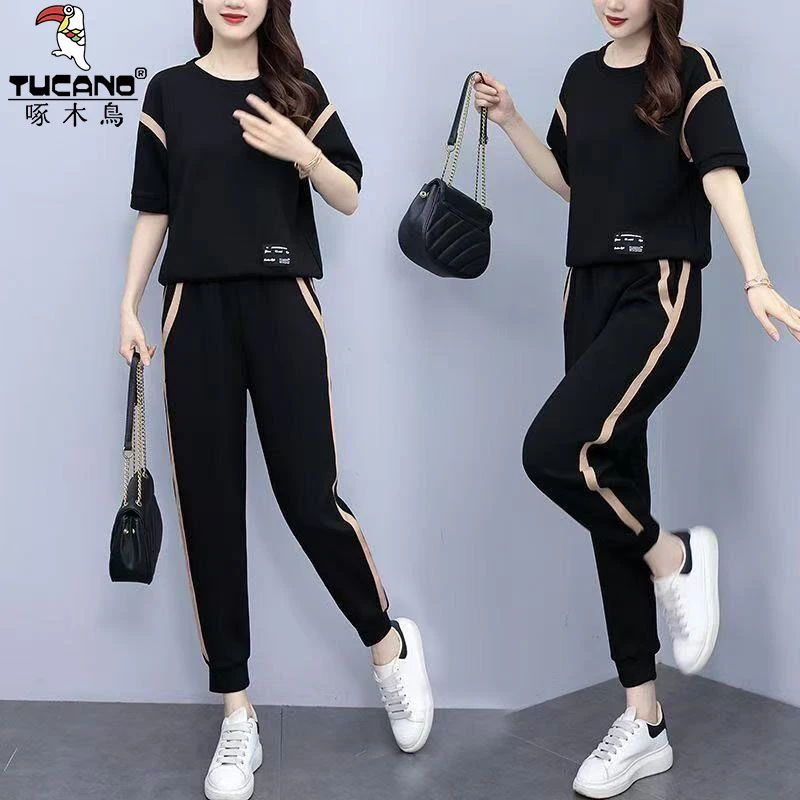 啄木鸟纯棉时尚气质运动服套装夏季新款减龄百搭短袖束脚裤两件套
