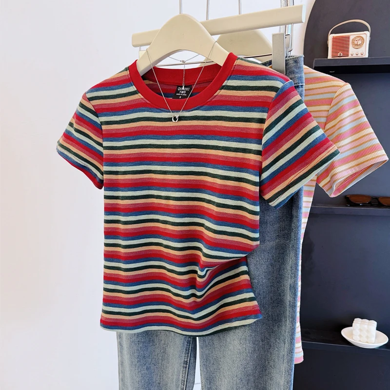 9113#正肩条纹短袖t恤女2025新款夏季上衣宽松休闲时尚气质体恤衫