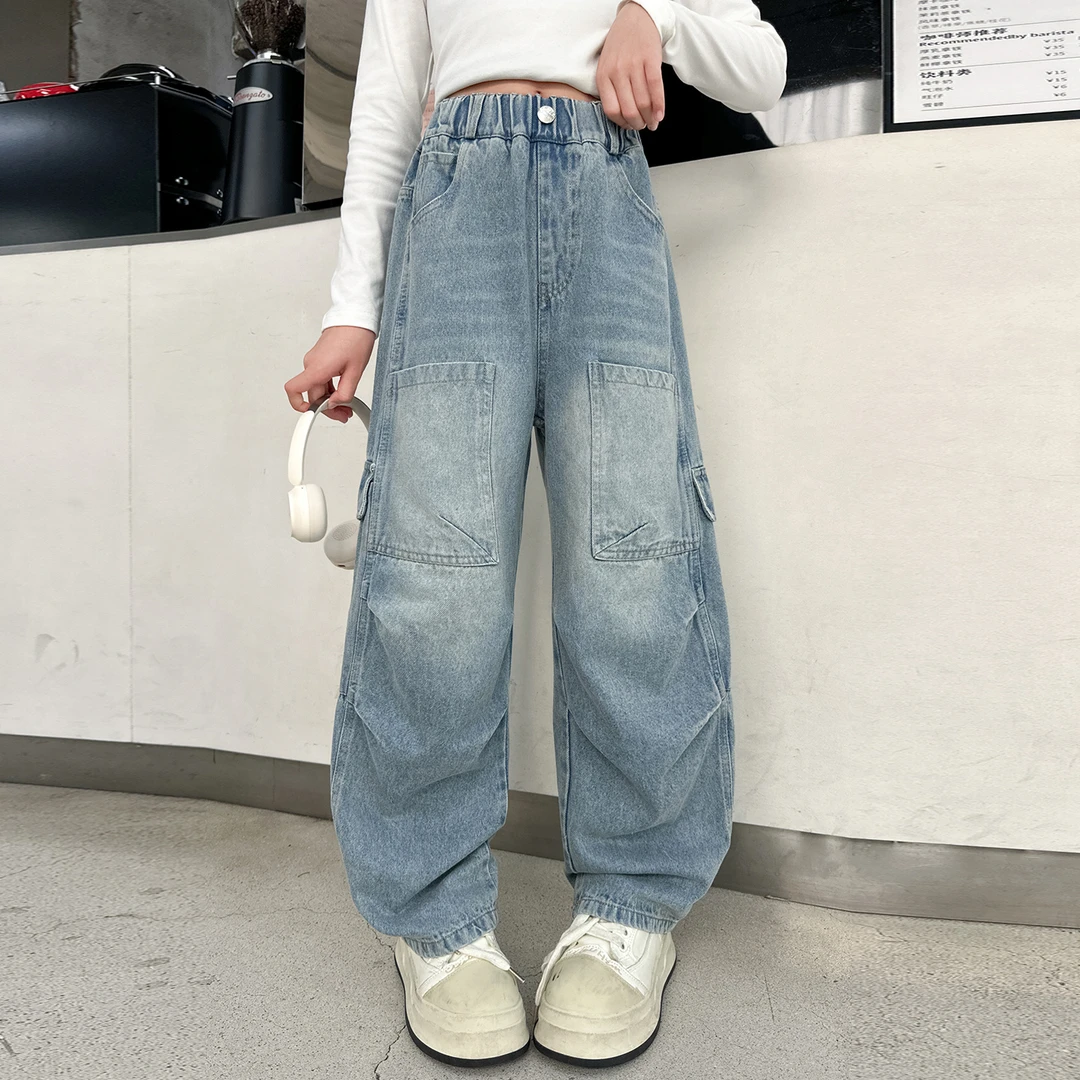 女童牛仔长裤春秋季2025新款儿童宽松裤子中大童阔腿裤直筒休闲裤