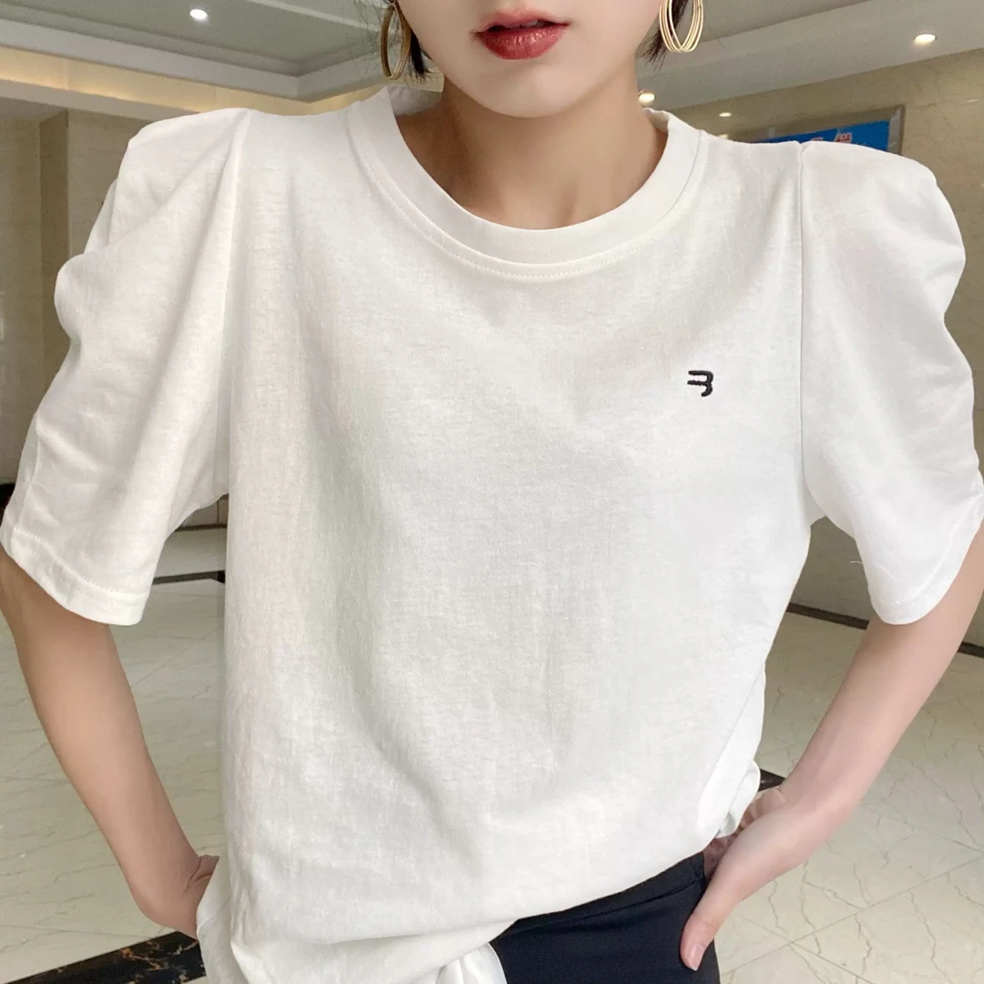8881 GZ夏季新款纯棉短袖t恤泡泡袖宽松显瘦刺绣半袖上衣耸肩T
