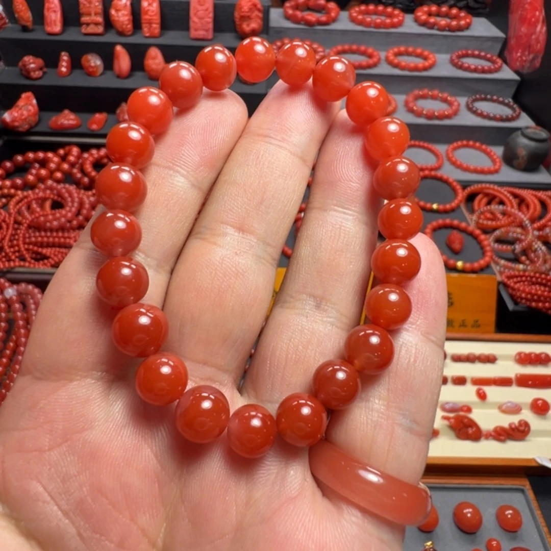 南红玛瑙未镶嵌大陷坝锦红手串8+