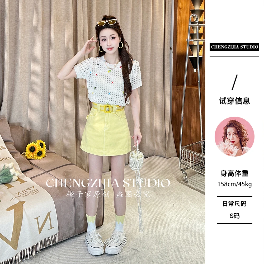 【裴诗婷】橙子·studio 【】TX00059彩色钉珠镂空网眼圆领上衣