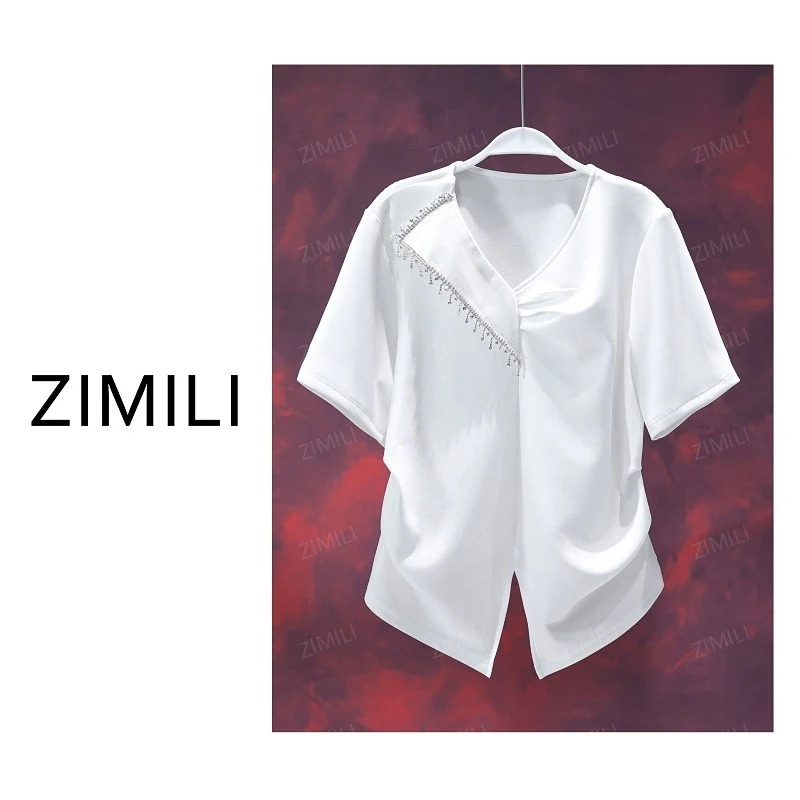 【亮哥女装】2025欧版月光白不规则V领收腰休闲短袖9831