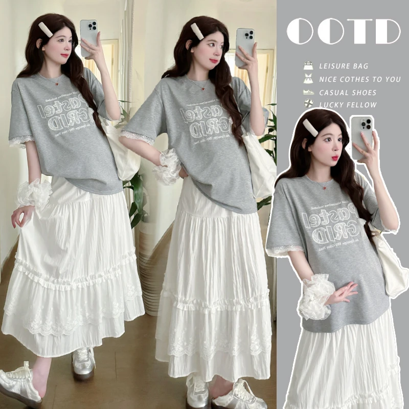 「圈圈优选」2025新款夏季短袖蕾丝边拼接上衣时尚韩版抽绳半身裙女