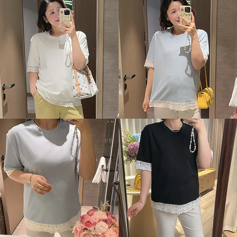 【双11清仓】【薄雾花织】春夏百搭拼接蕾丝花边圆领T恤Z525X01914