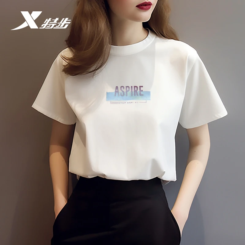 特步短袖T恤女夏季时尚潮流圆领透气显瘦上衣半袖女装百搭休闲服