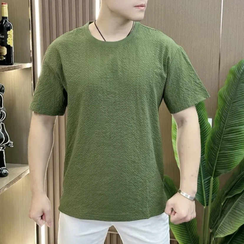 夏季新款泡泡纱肌理高级T恤宽松圆领男士短袖t恤纯色上衣半袖百搭