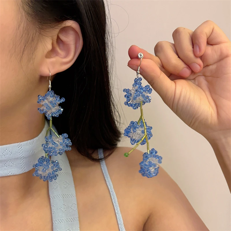 合金仿水晶耳饰 莫奈花园浪漫法式紫水晶花朵串珠球球流苏长耳环