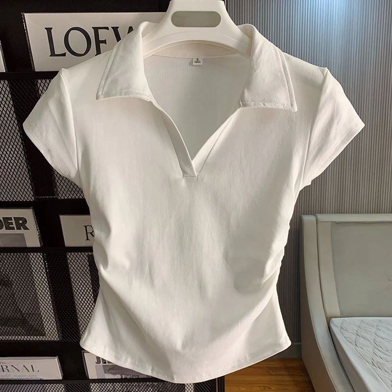 设计感收腰polo领正肩短袖女上衣夏季美式辣妹修身显瘦t恤ins