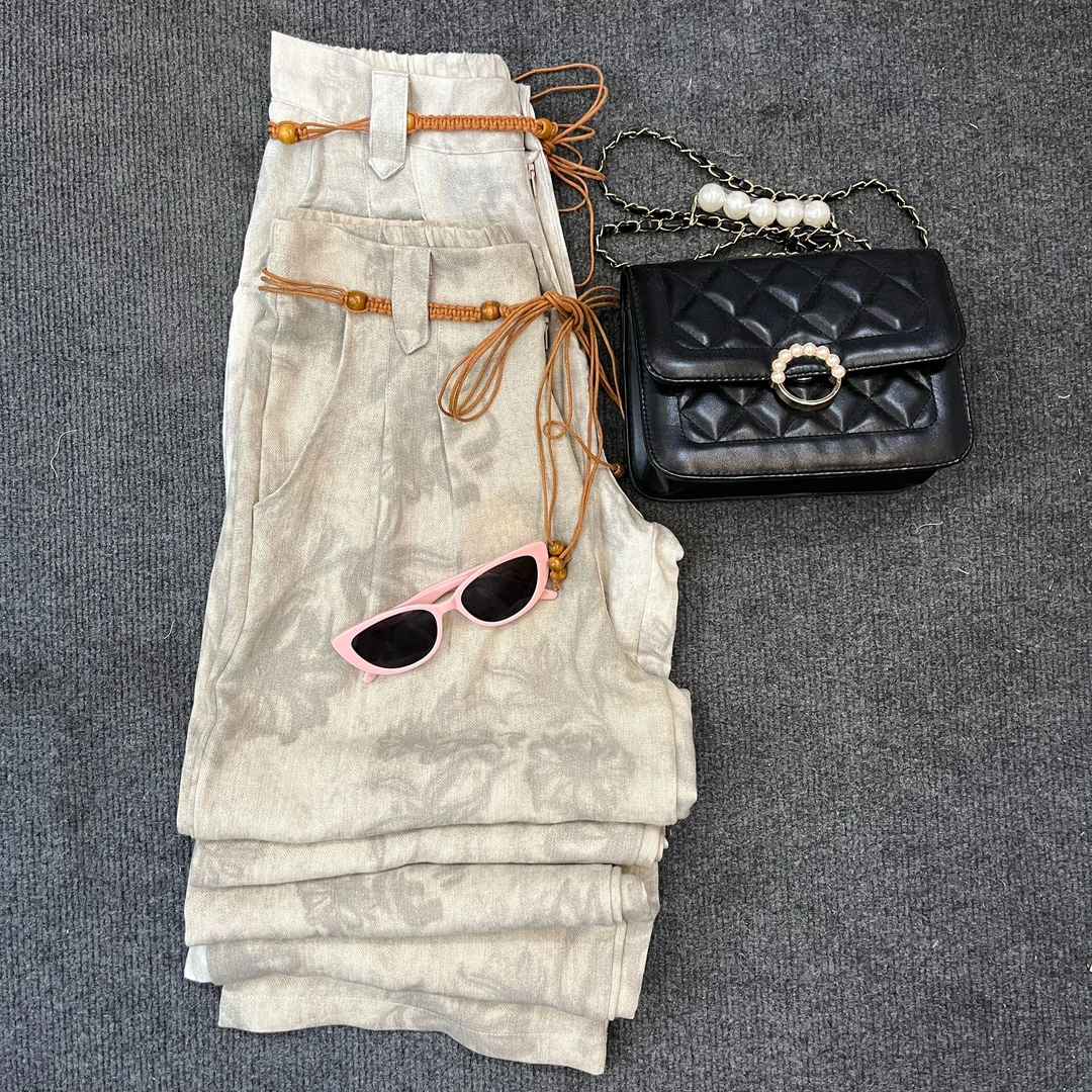 【6668】夏季新款时尚休闲百搭亚麻扎染高腰显瘦直筒阔腿裤印花长裤