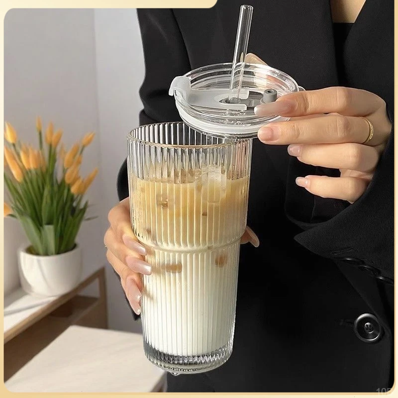 ins风大容量带盖带吸管竖条纹玻璃杯高颜值冷饮杯果汁咖啡杯水杯