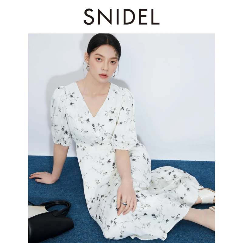 FRAY I.D2025春夏新品优雅V领缎面系带收腰短袖连衣裙FWFO251075