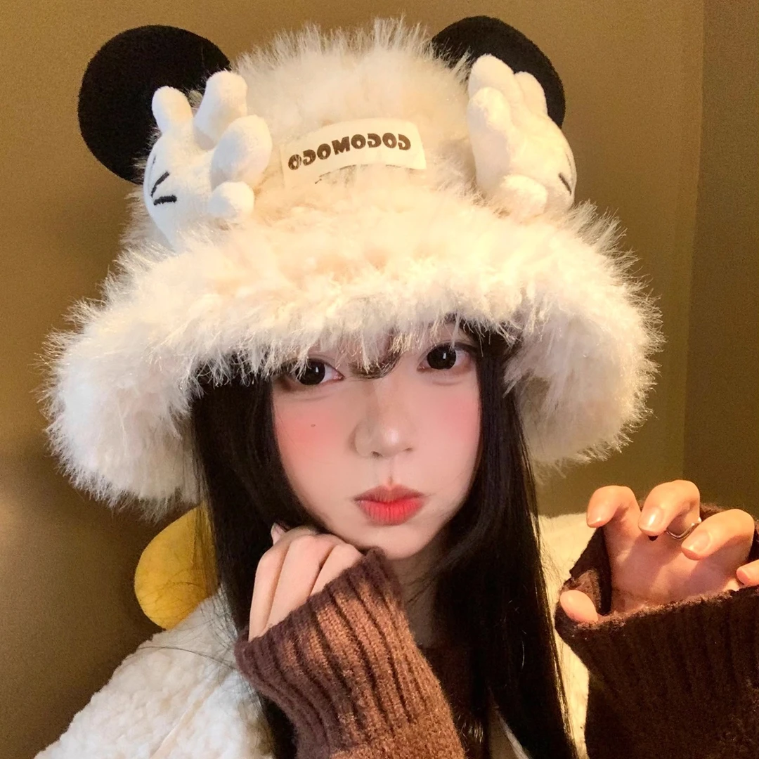 可爱米奇小手毛绒帽女秋冬季甜美显脸小保暖防寒可爱学生水桶帽子