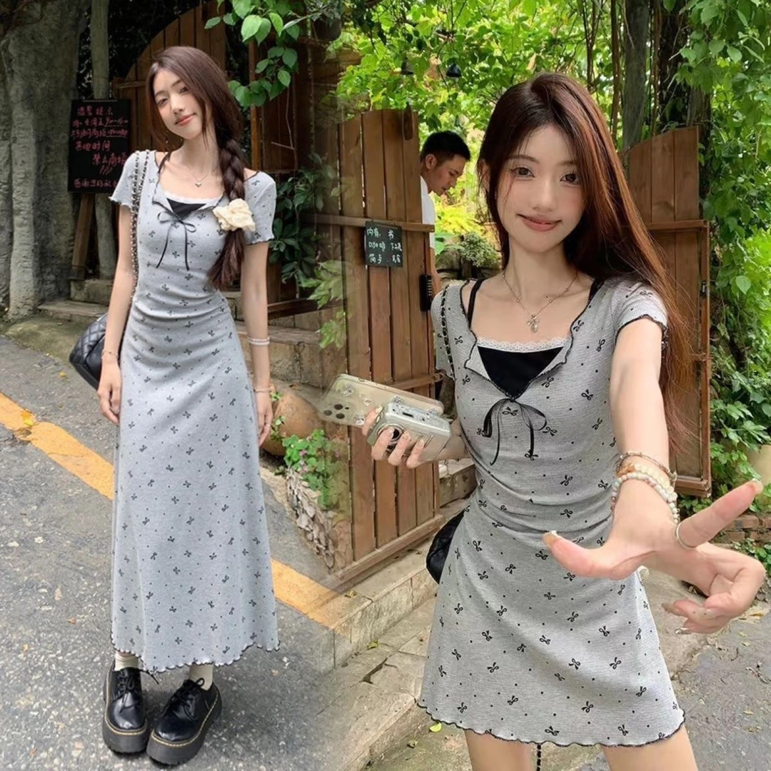 高级感印花短袖纯欲连衣裙女夏季气质蕾丝花边收腰显瘦A字包臀裙
