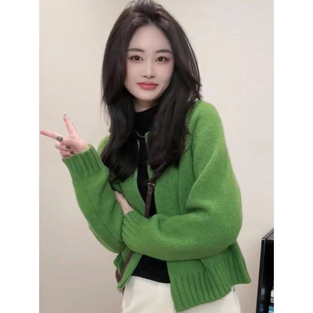 绿色拉链针织毛衣外套女秋冬2025新款爆款小香风高级感开衫上衣厚