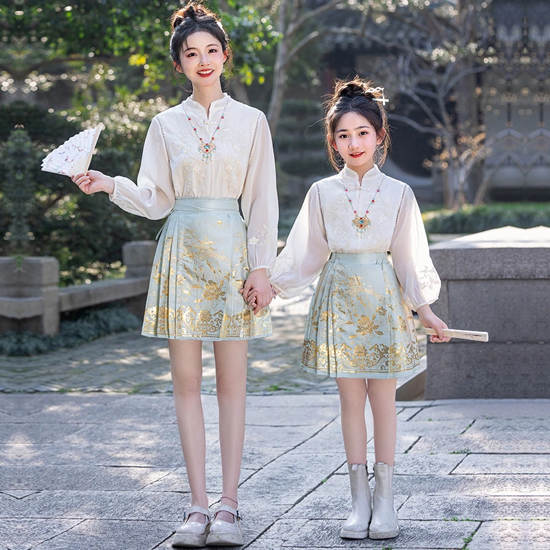 女童短款织金马面裙亲子装母女装夏季高端气质新中式国风唐装汉服