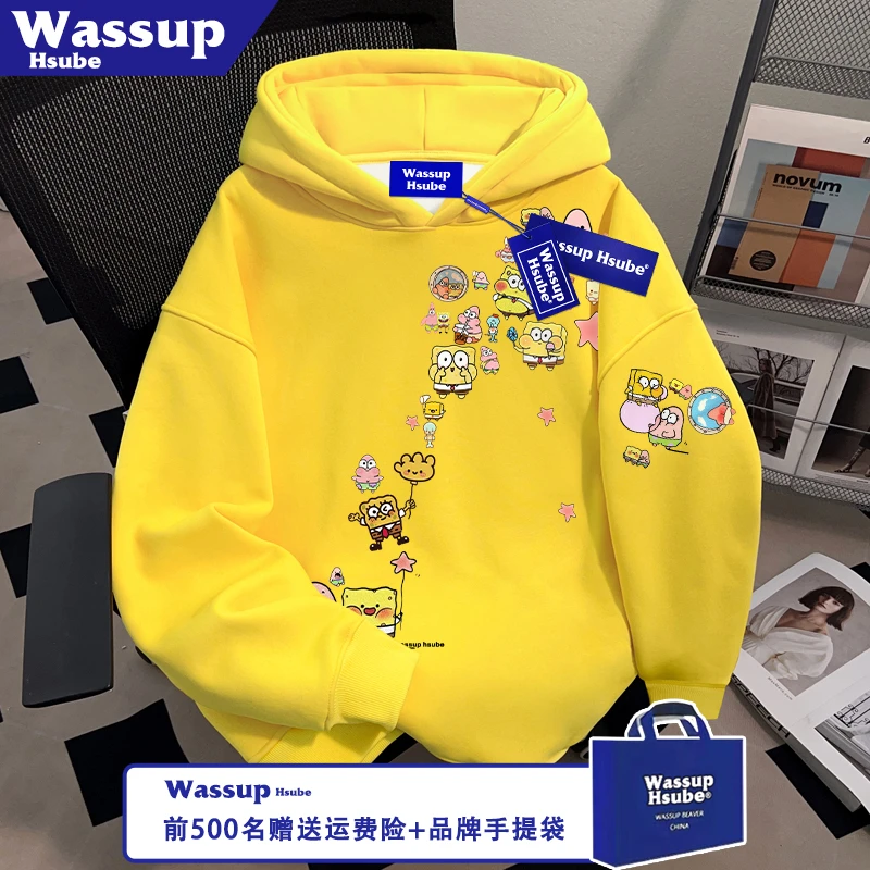 WASSUP HSUBE海绵宝宝印花黄色上衣秋冬季男女新款连帽套头款卫衣
