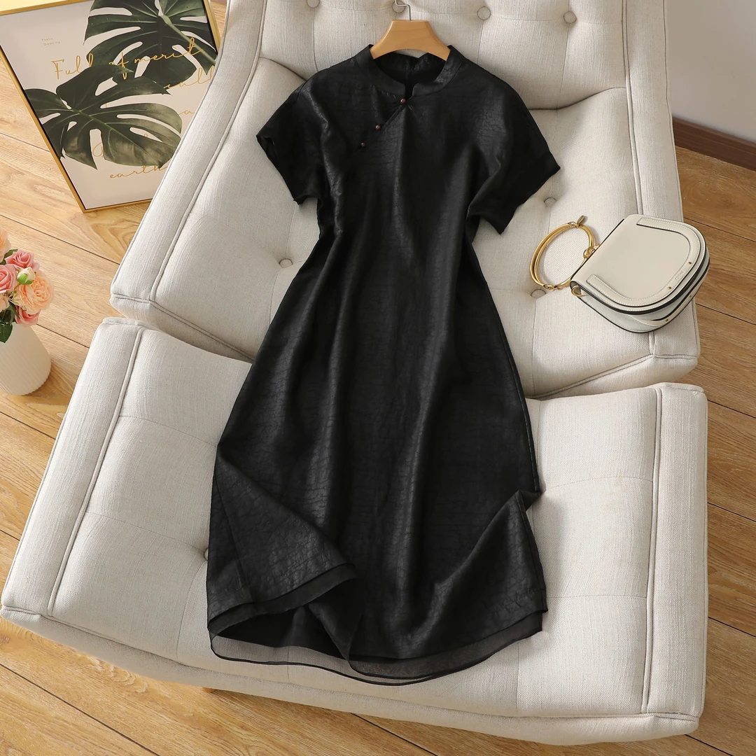 重磅推出：非遗莨绸香云纱龟裂纹100%桑蚕丝新中式立领真丝连衣裙