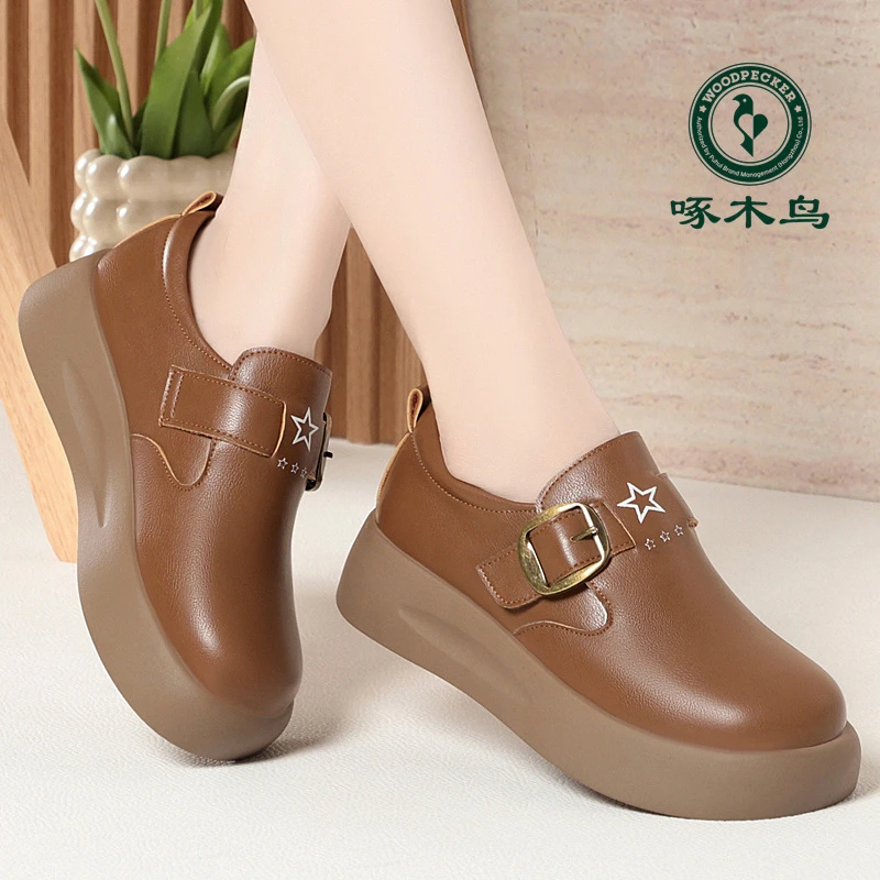 啄木鸟厚底勃肯鞋春秋款软皮平底女鞋复古软底皮鞋舒适松糕底单鞋