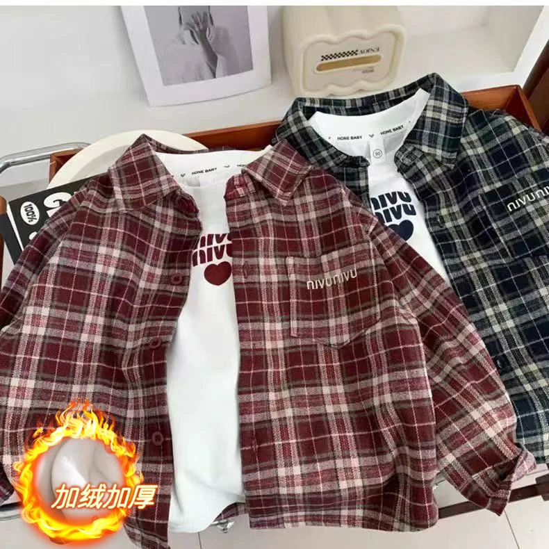 加绒/不加绒儿童纯棉衬衫秋冬新款男女款休闲 宽松韩版春秋季外套