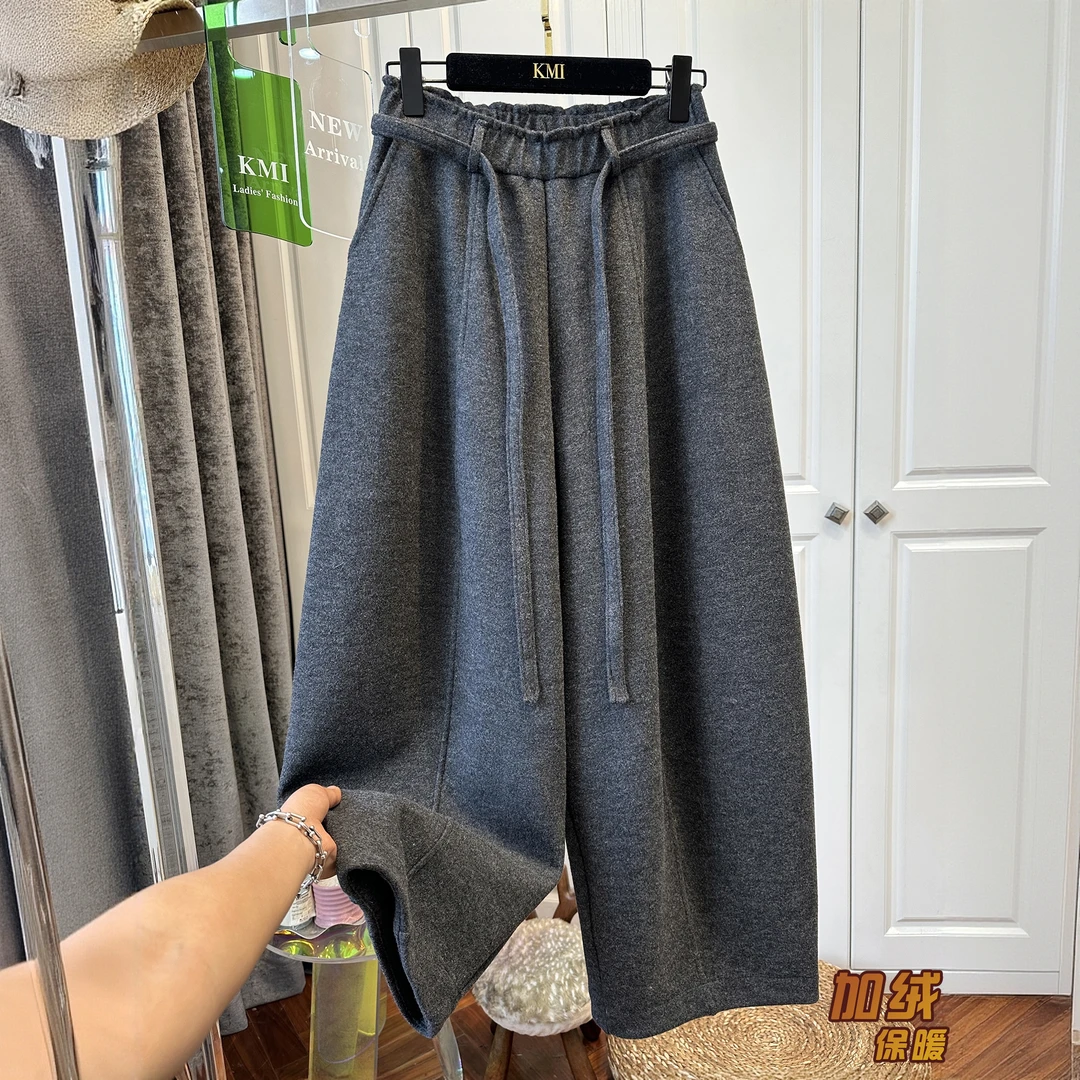 高级运动风加绒加厚羊毛休闲裤女毛呢裤松紧腰系带宽松保暖2025冬