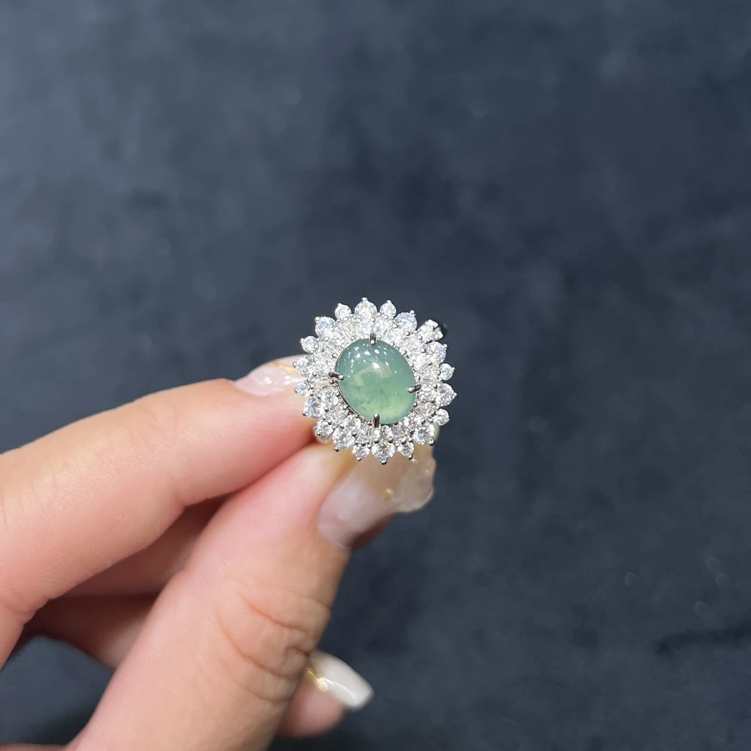 【红旭明玉】天然翡翠A货蓝水蛋面戒指开口戒 多样性发一件
