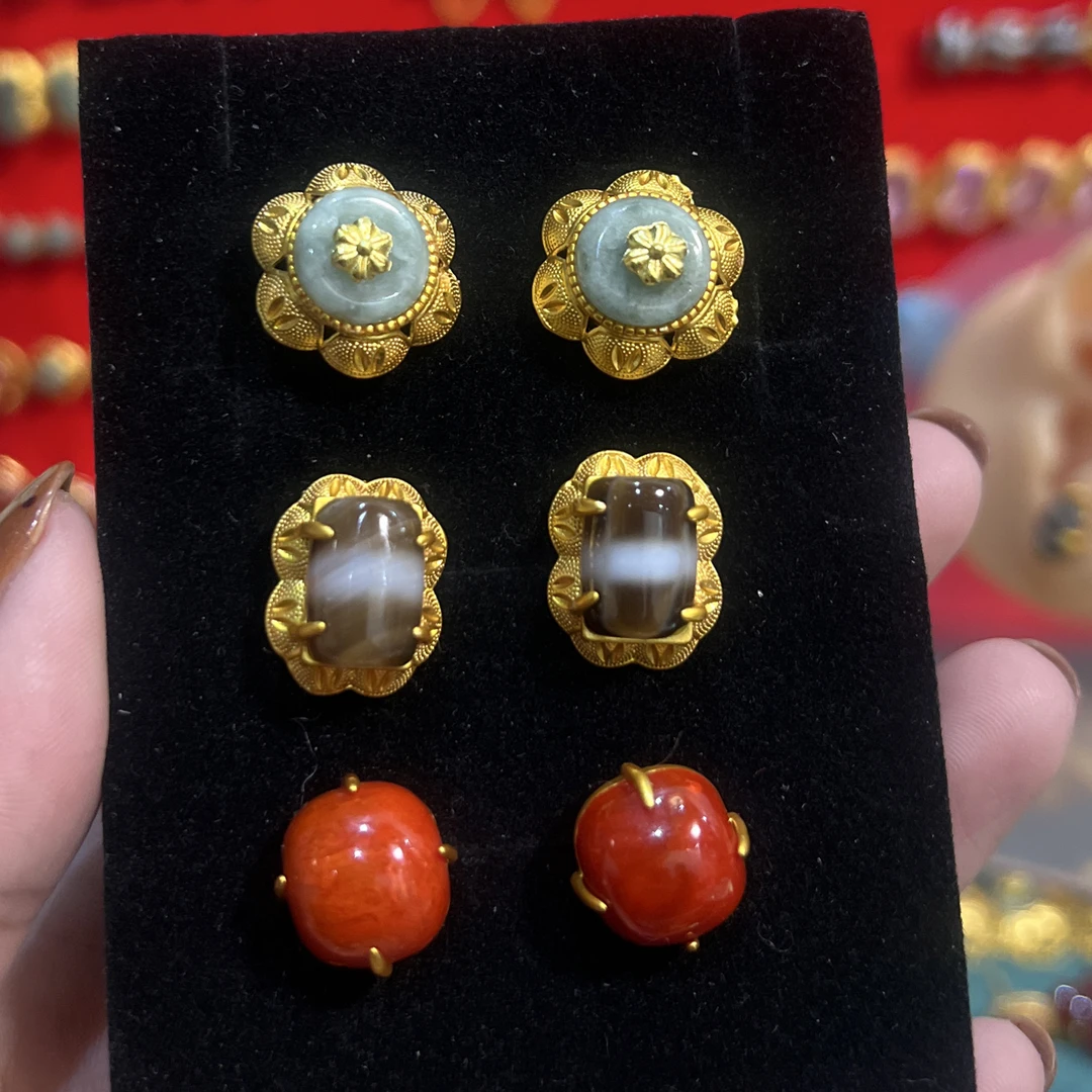 铜合金石英石耳饰 铜合金耳钉 三对耳钉1