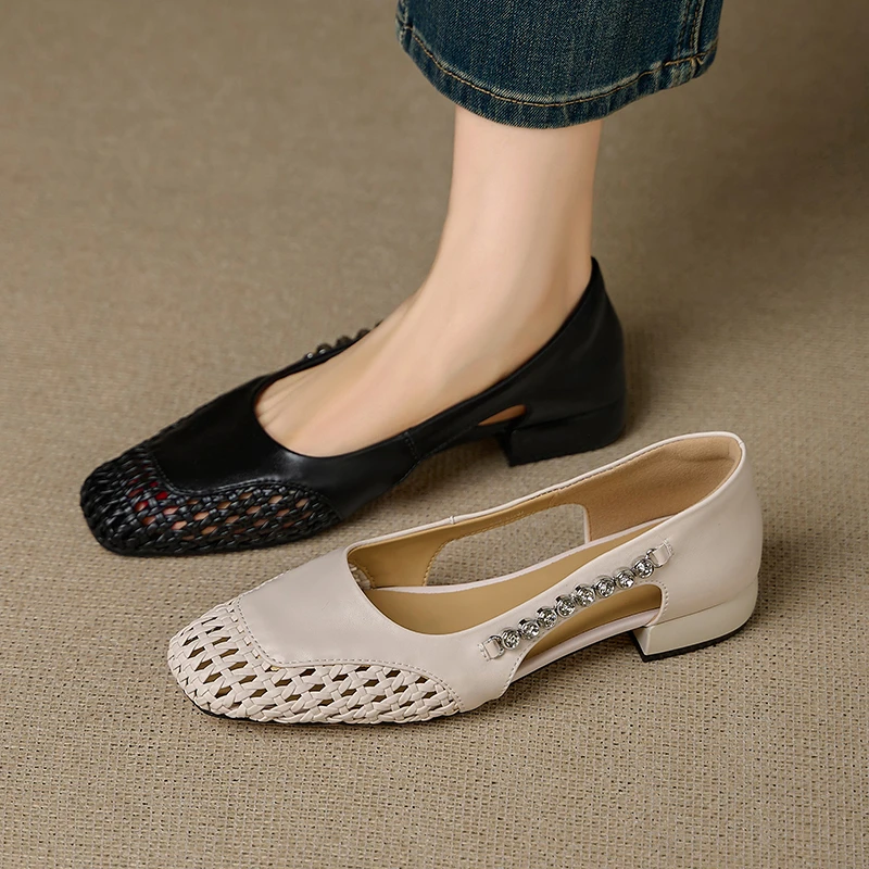 牛皮/3厘米跟高/2025新款编织透气气质镂空女鞋粗跟水钻单鞋907