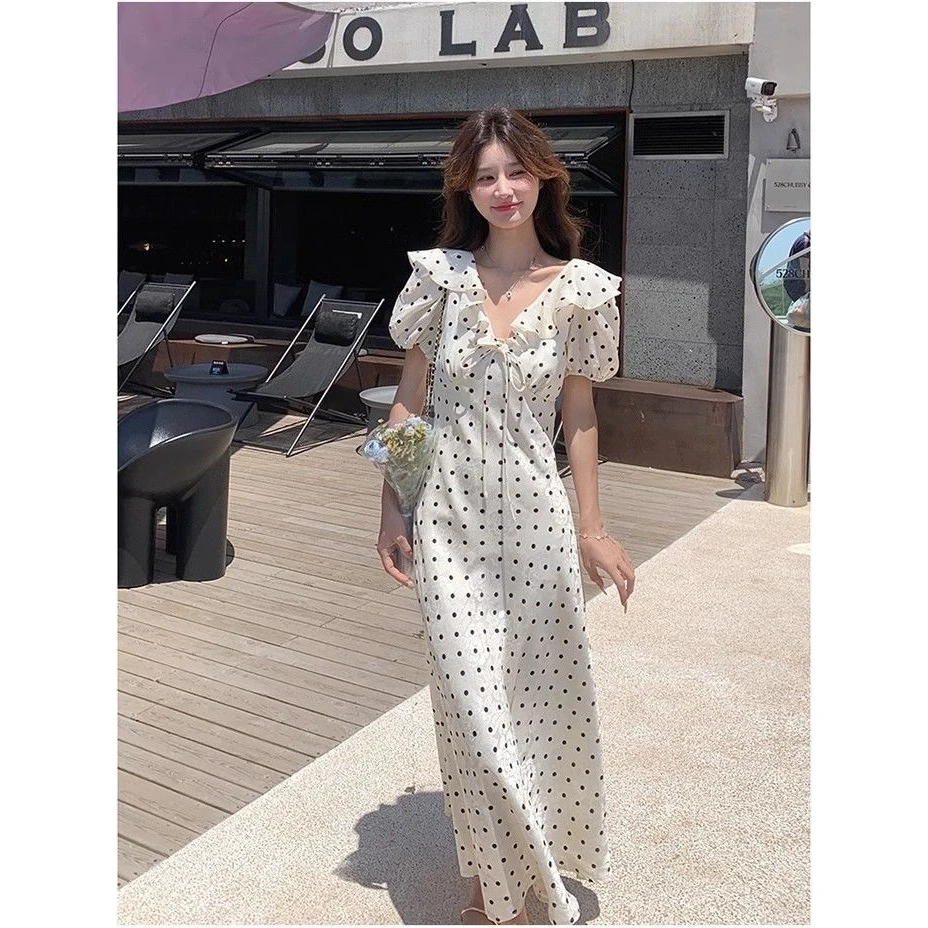 白色浪漫拼接连衣裙泡泡袖长裙法式名媛荷叶边淑女气质夏季新款收