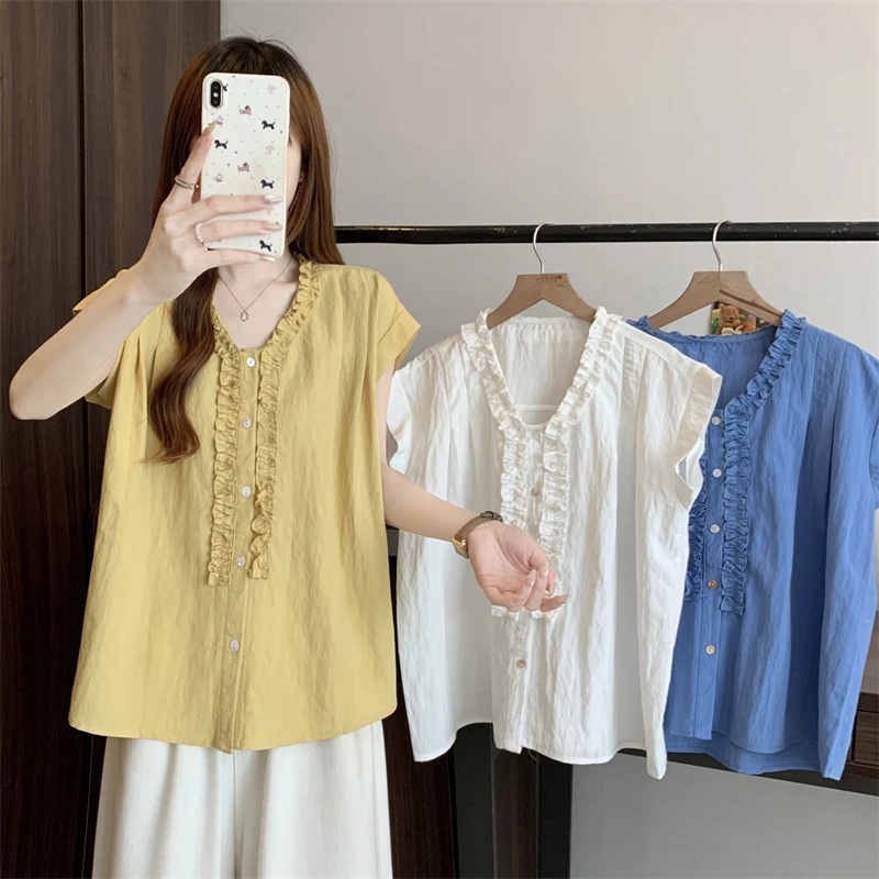 微胖妹妹夏新款减龄气质木耳边系带v领宽松闲显瘦小衫上衣8275