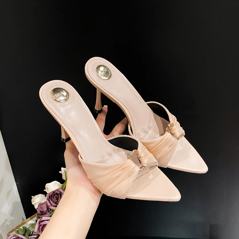 气质褶皱网纱尖头细跟高跟鞋百搭外穿凉鞋女款2025新款爆款配裙子