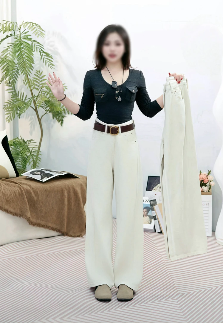 窄版阔腿小个子牛仔裤女2025年新款春季高腰直筒显瘦流光杏色裤子